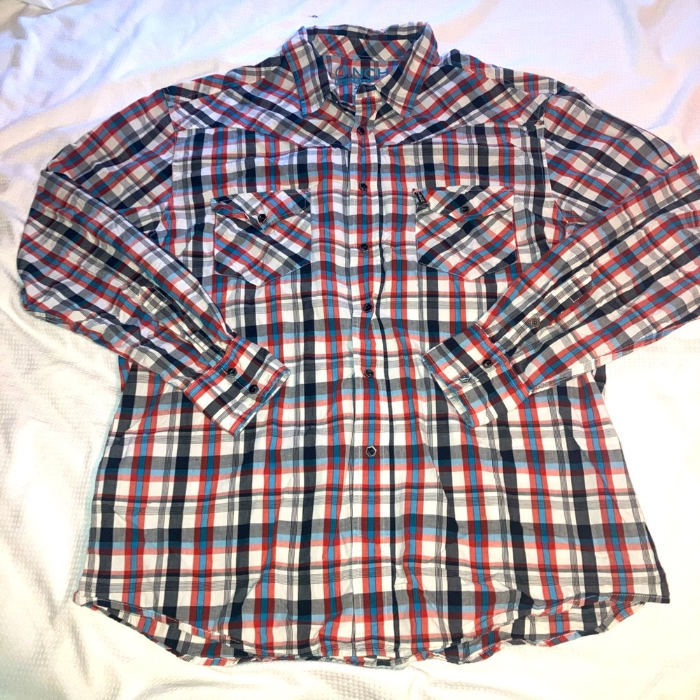 Cinch Mens XXL Modern Fit Plaid Long Sleeve Pearl Snap Western Shirt Cowboy Red
